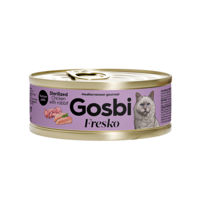 Lata de comida húmeda para gato esterilizado, pollo y conejo, 70 g