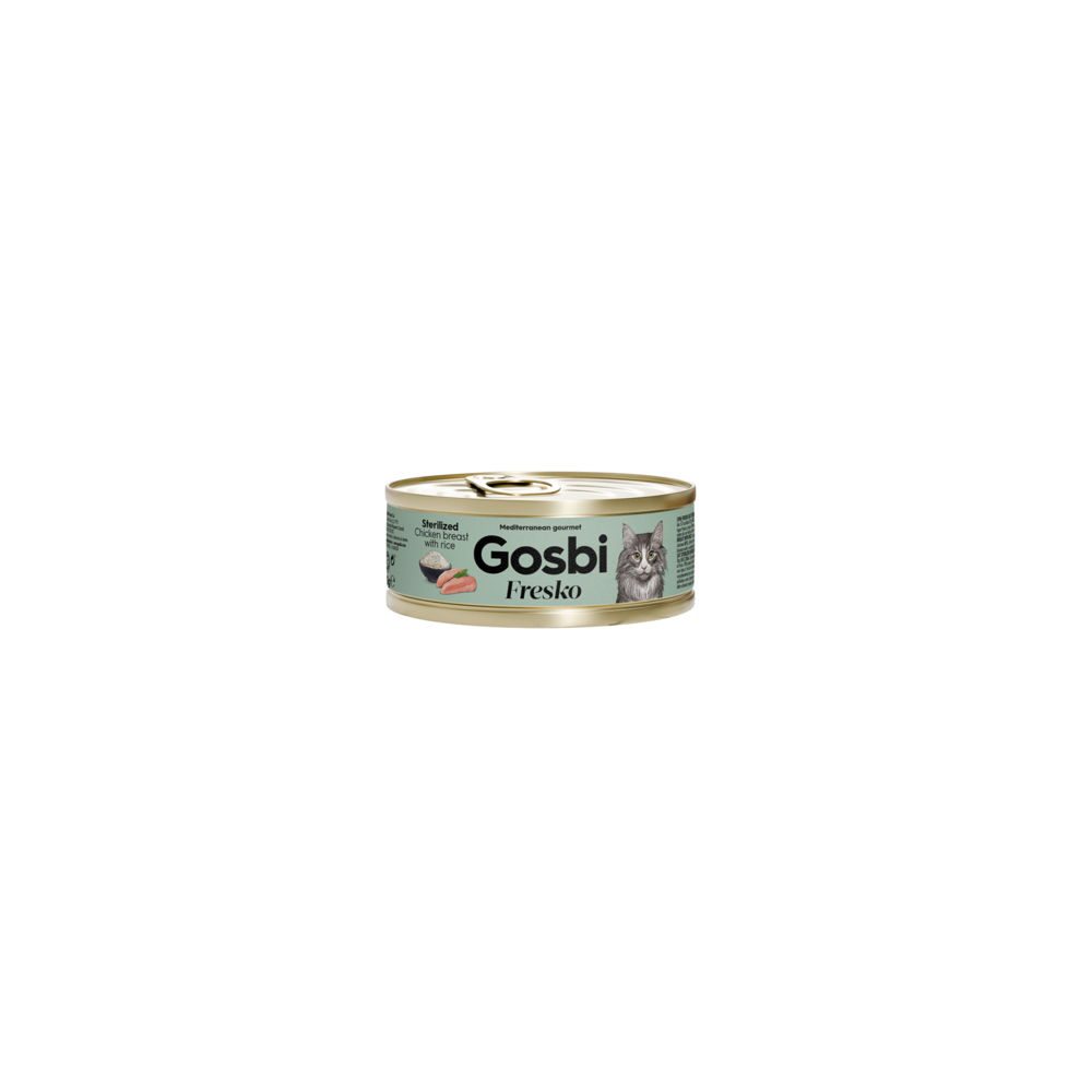 Lata Gosbi Fresko Cat Sterilized pechuga de pollo con arroz 70 g