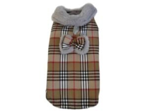 Abrigo para perros Cien por Cien de cuadros beige con cuello gris y lazo