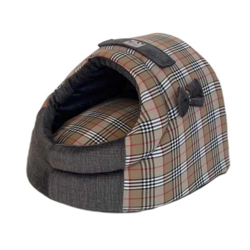 Igloo para perros Cien por Cien de cuadros beige con base gris oscura